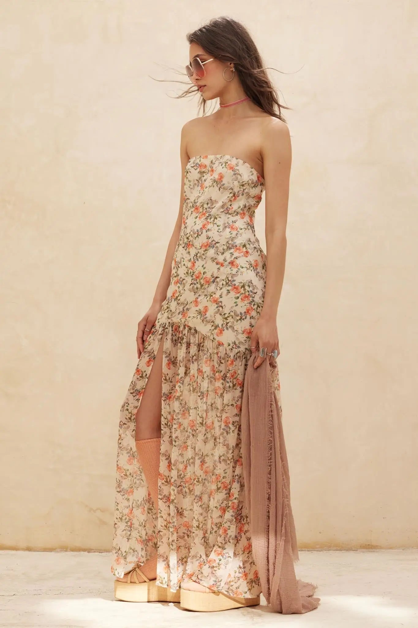 Garden Romance Floral Chiffon Strapless Maxi Dress