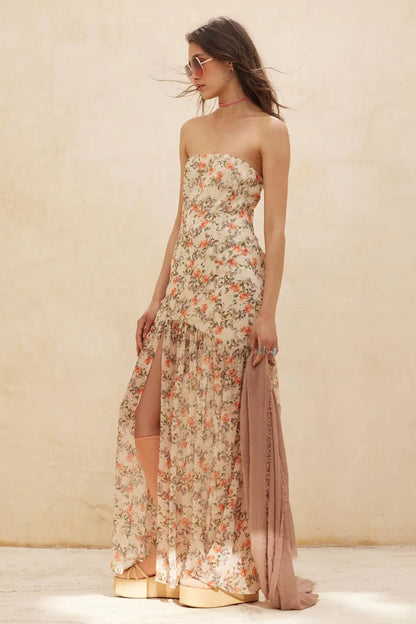 Garden Romance Floral Chiffon Strapless Maxi Dress