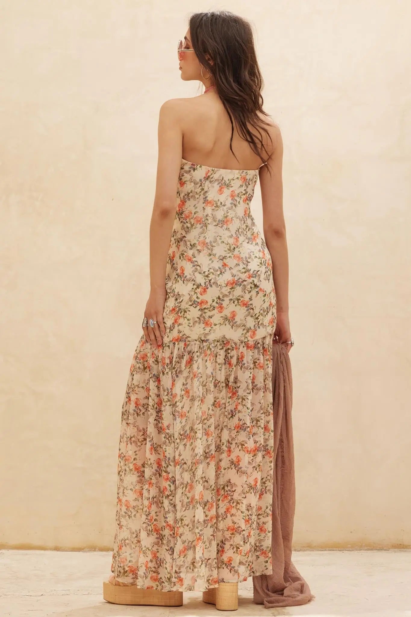 Garden Romance Floral Chiffon Strapless Maxi Dress