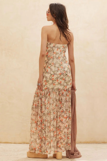 Garden Romance Floral Chiffon Strapless Maxi Dress