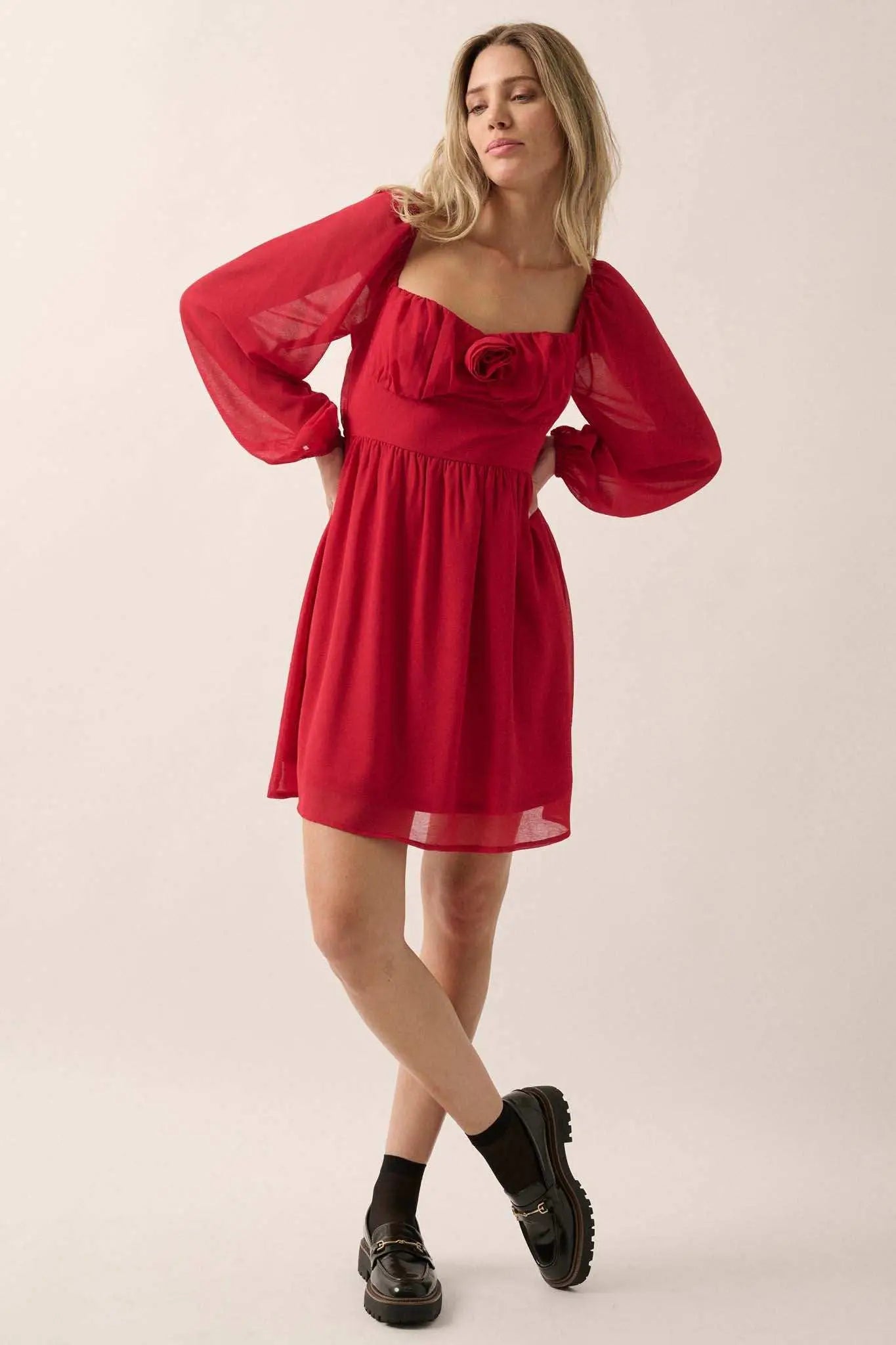 Isn't It Romantic Chiffon Rose-Bodice Mini Dress