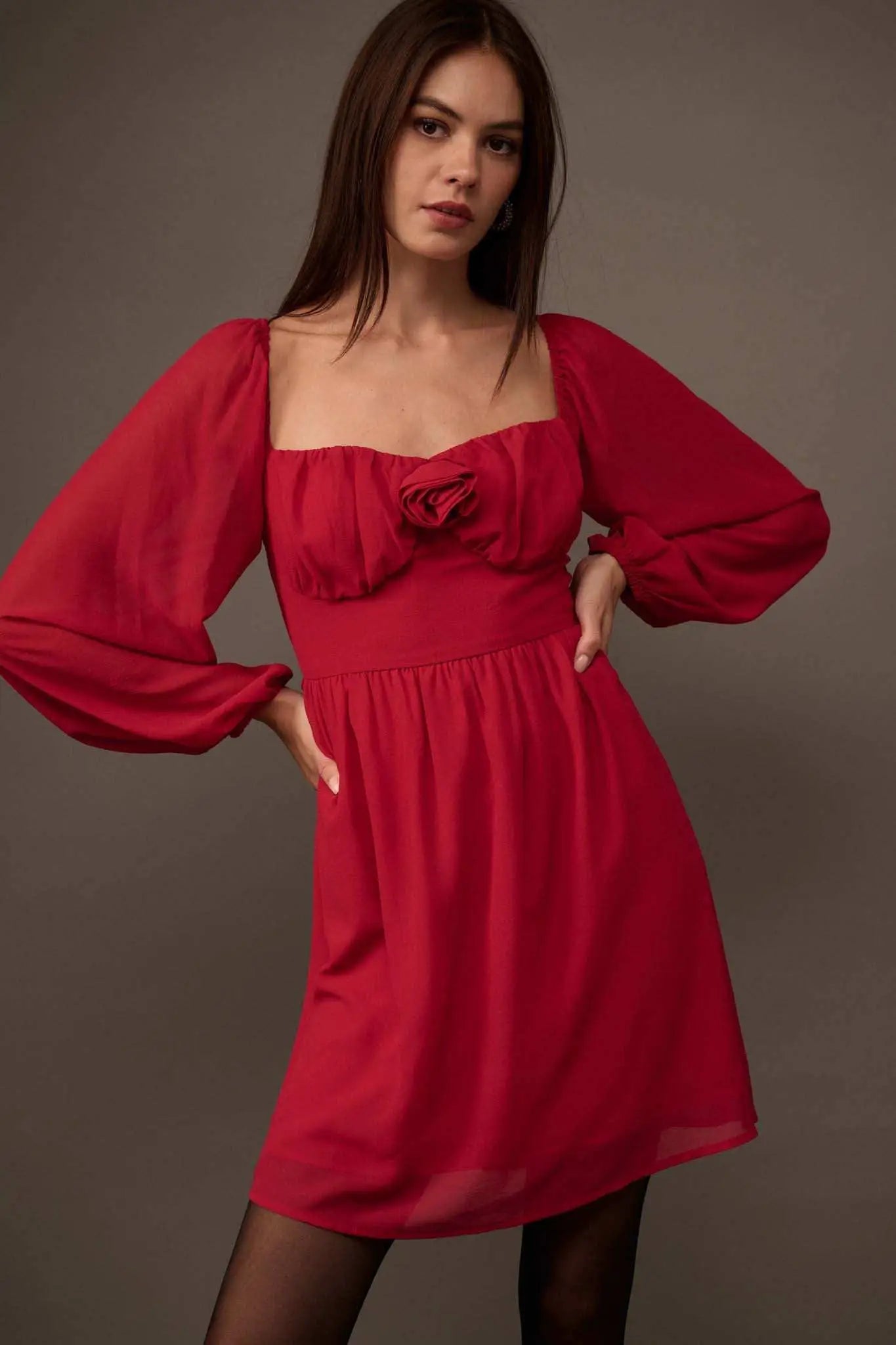 Isn't It Romantic Chiffon Rose-Bodice Mini Dress