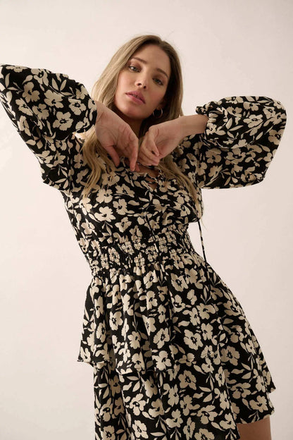 Monochrome Bloom Floral Lace-Up Tiered Mini Dress
