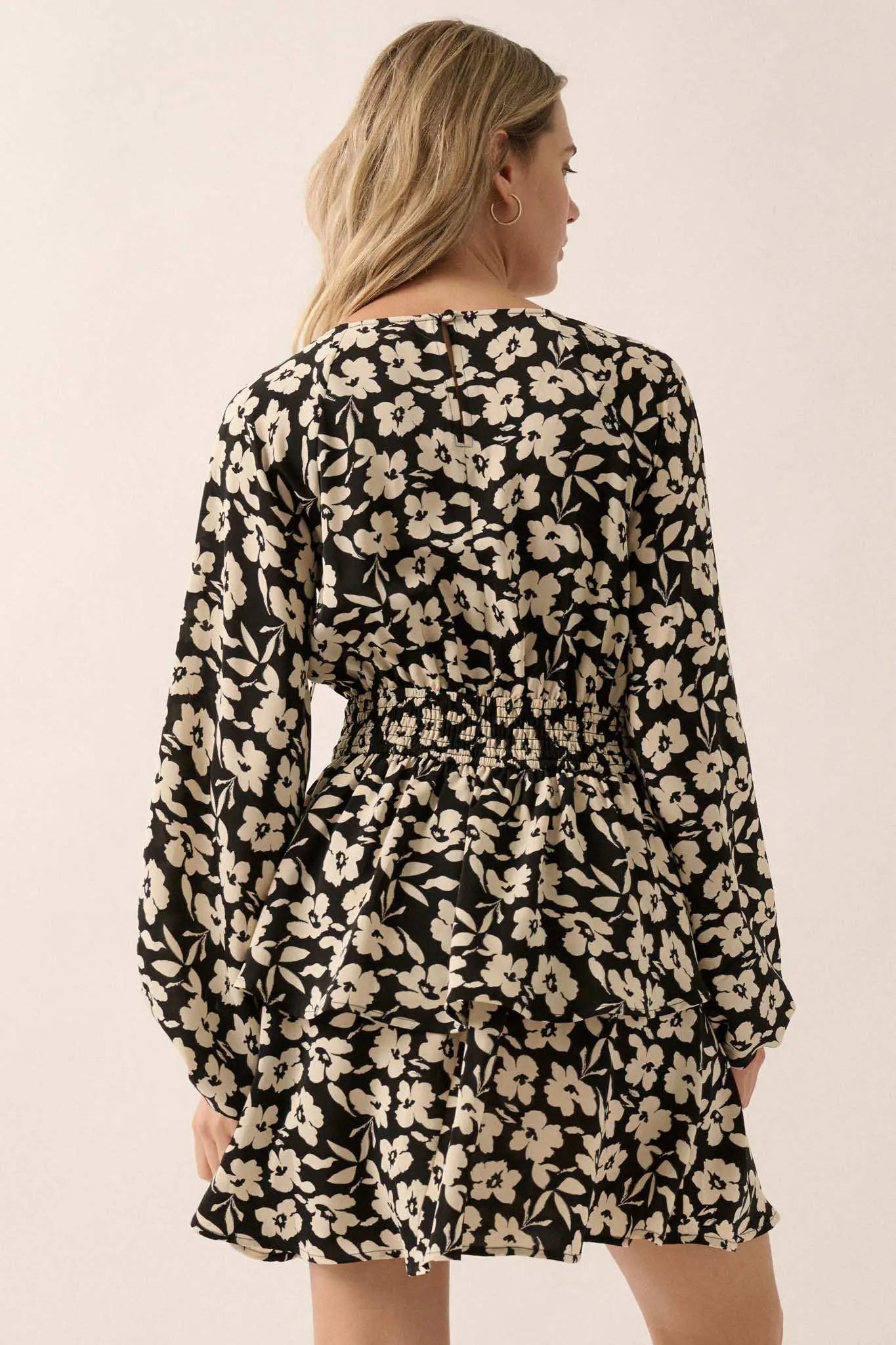 Monochrome Bloom Floral Lace-Up Tiered Mini Dress