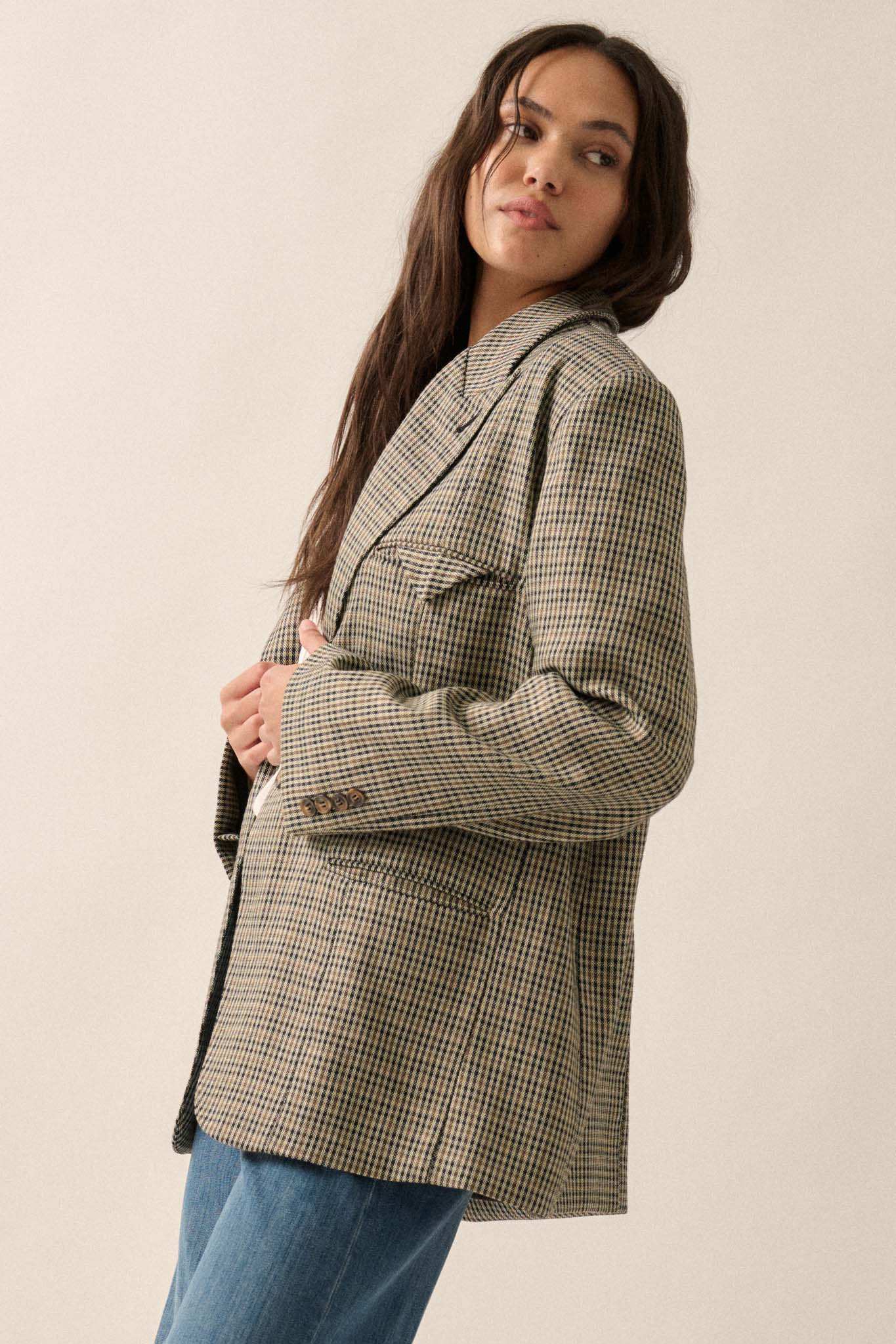 Pretty Smart Houndstooth Plaid Tweed Blazer