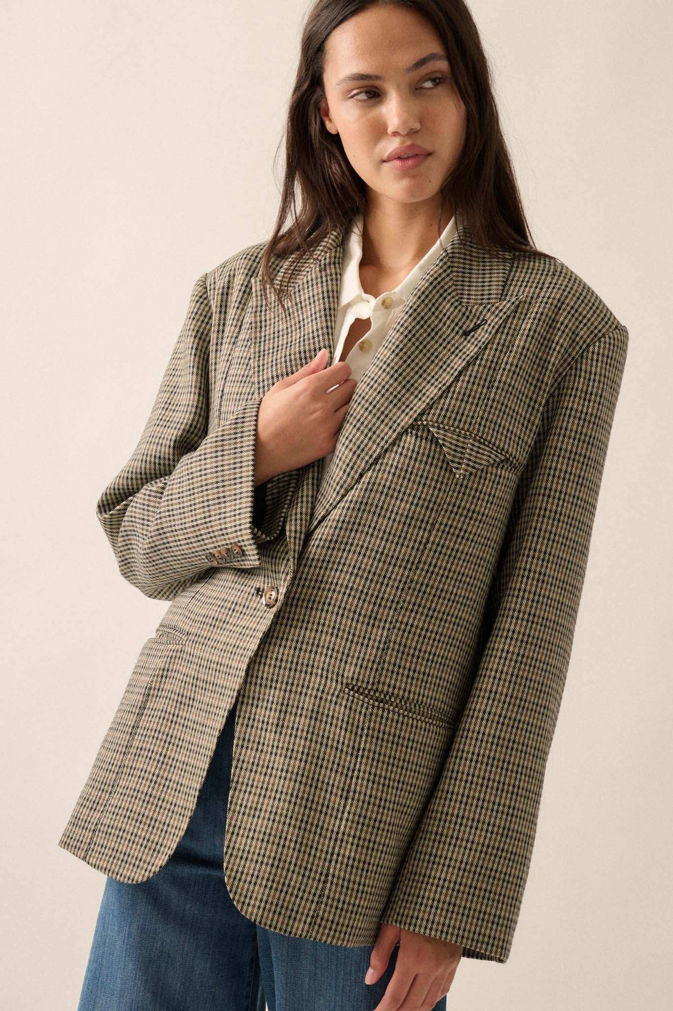 Pretty Smart Houndstooth Plaid Tweed Blazer