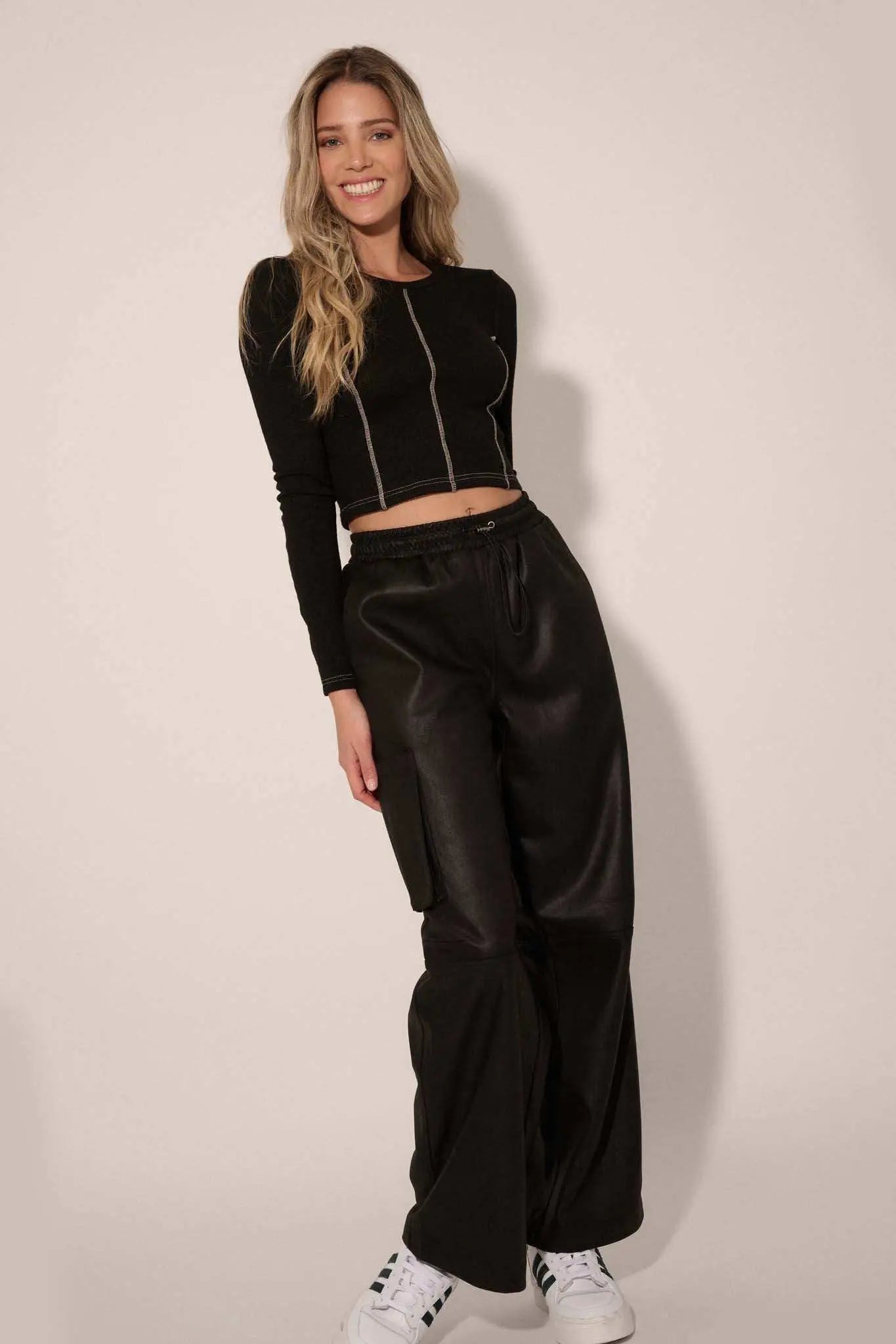 On the Run Vegan Leather Drawstring Cargo Pants