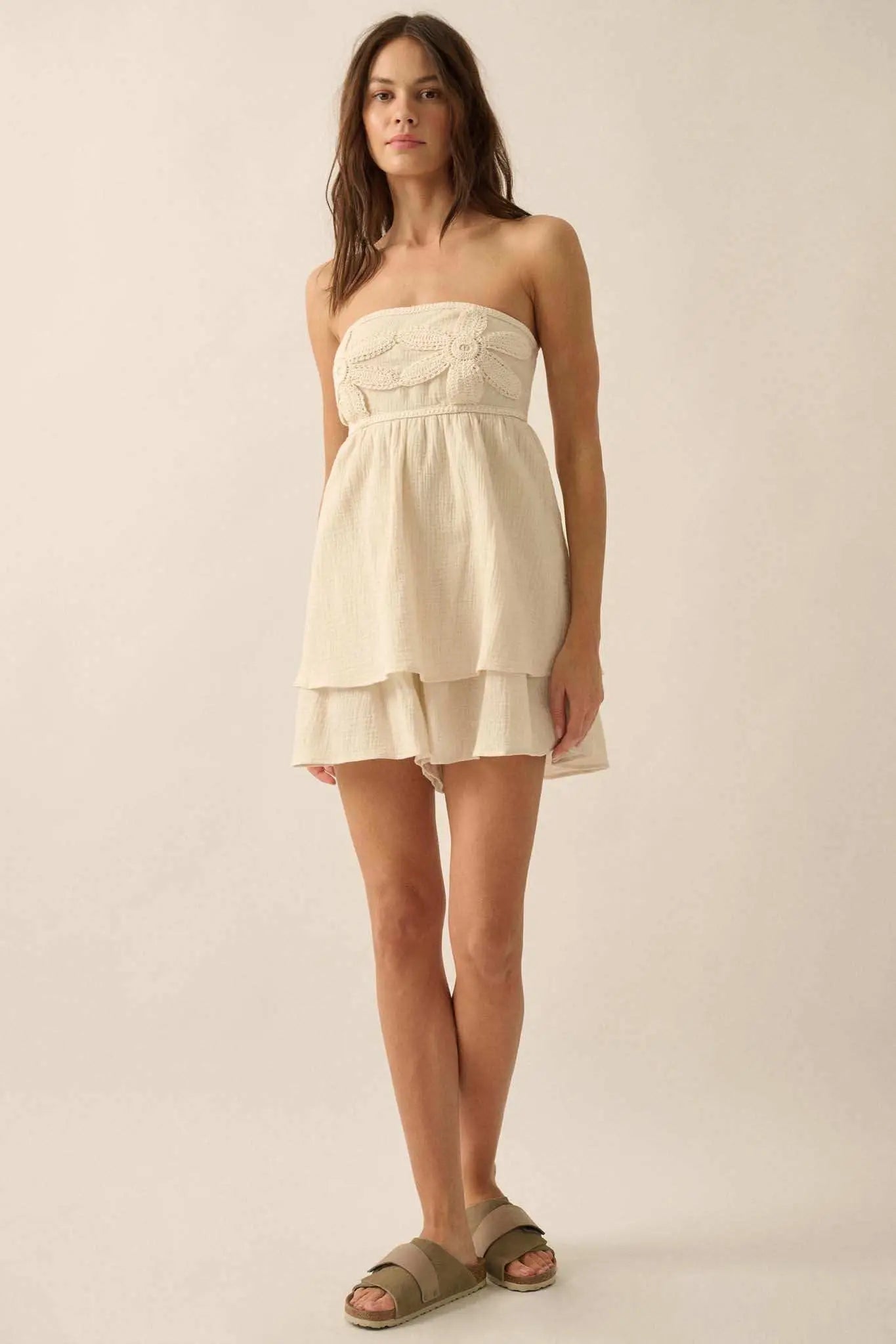 Lace Yourself Crochet-Trim Crinkle Cotton Romper