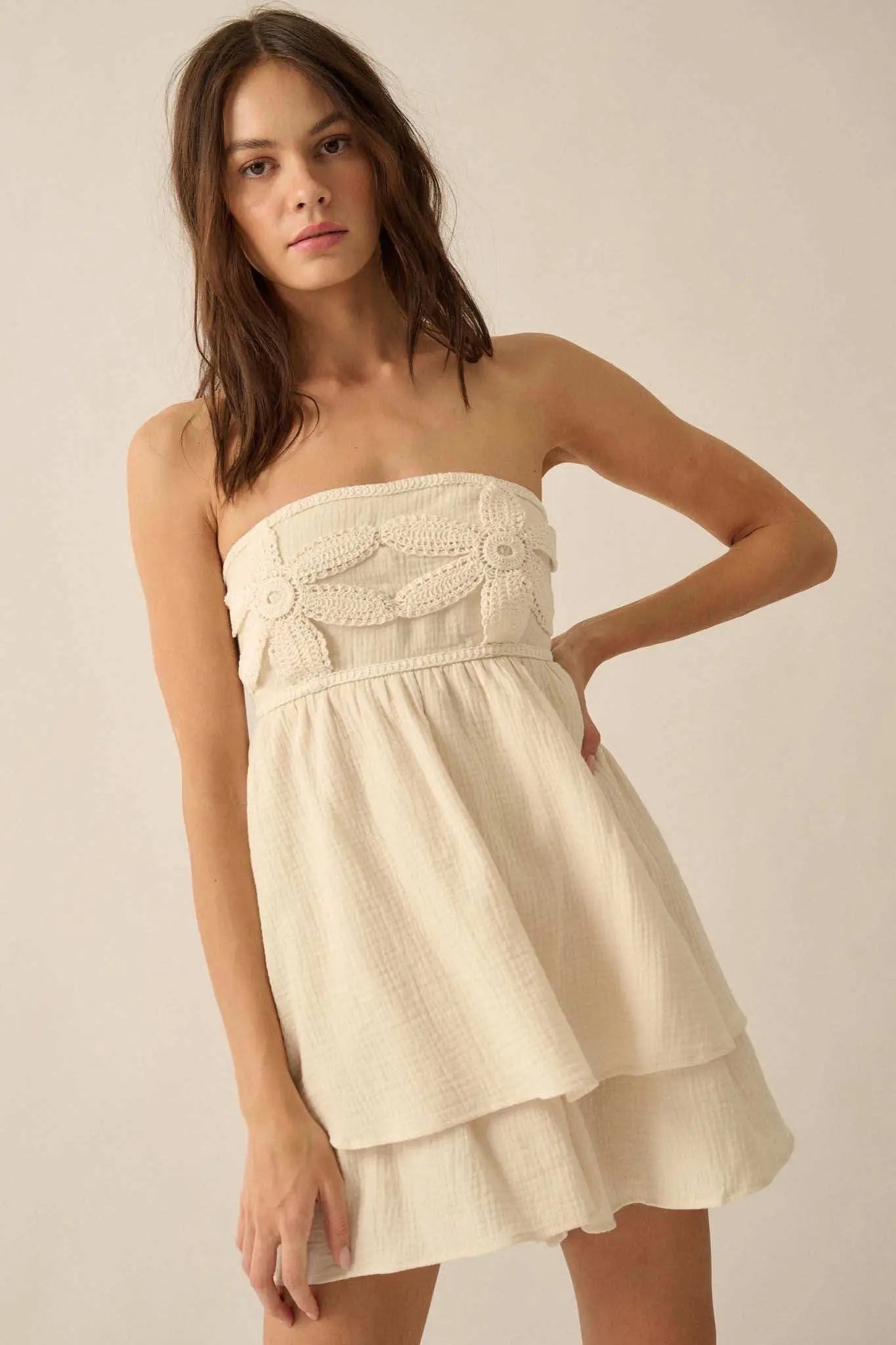 Lace Yourself Crochet-Trim Crinkle Cotton Romper