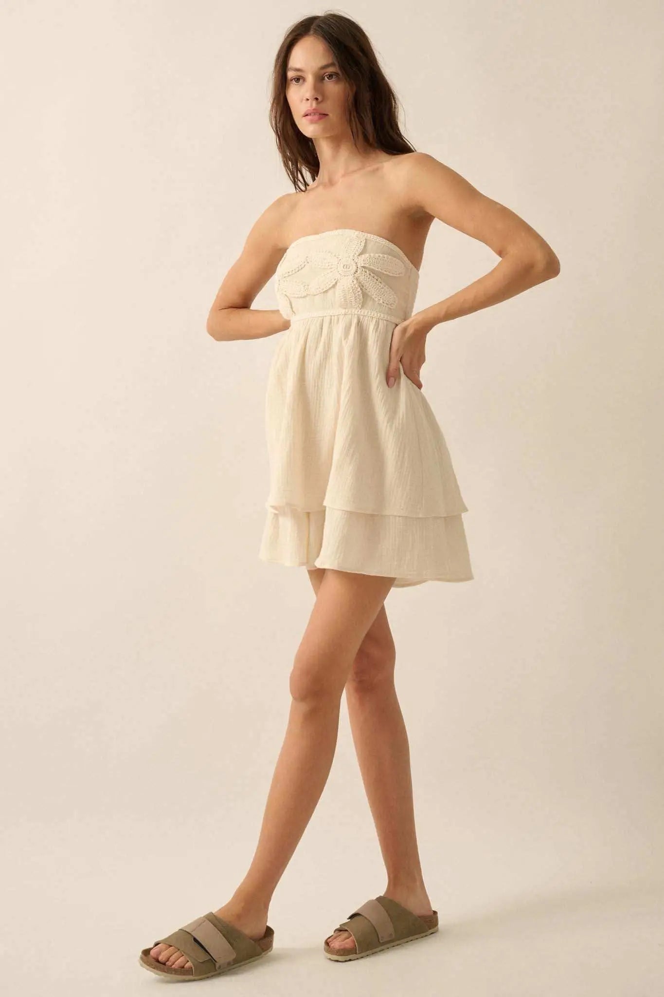 Lace Yourself Crochet-Trim Crinkle Cotton Romper