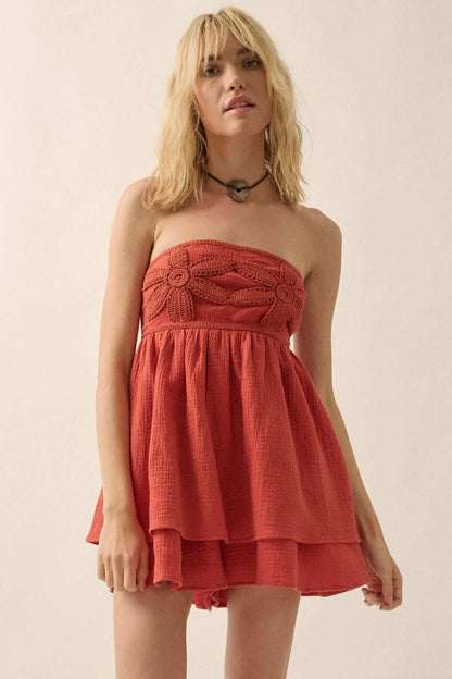 Lace Yourself Crochet-Trim Crinkle Cotton Romper