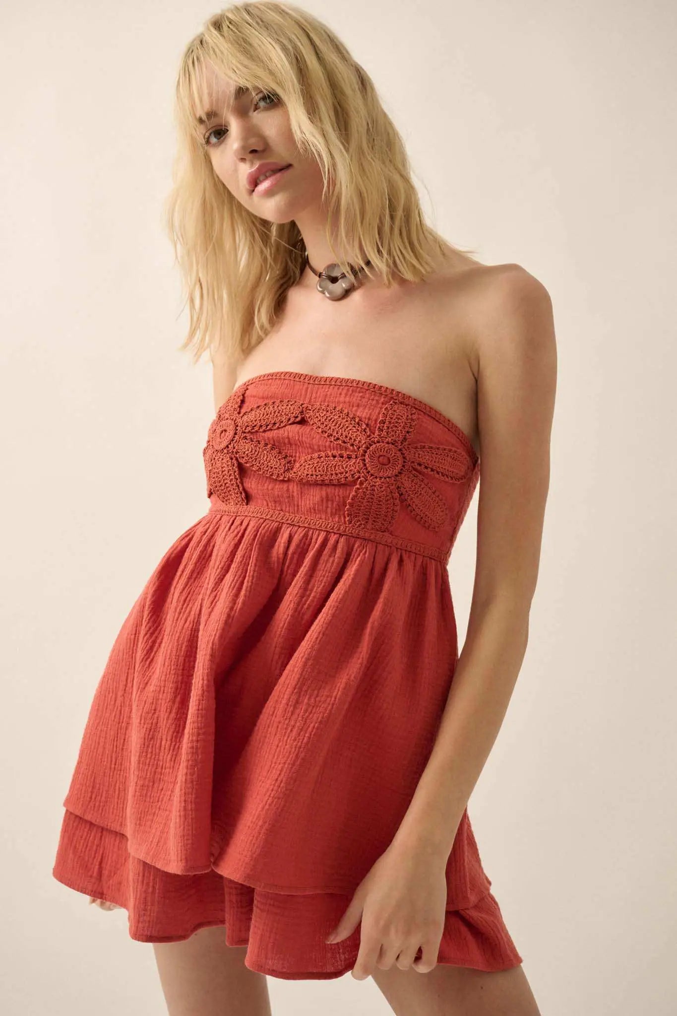 Lace Yourself Crochet-Trim Crinkle Cotton Romper