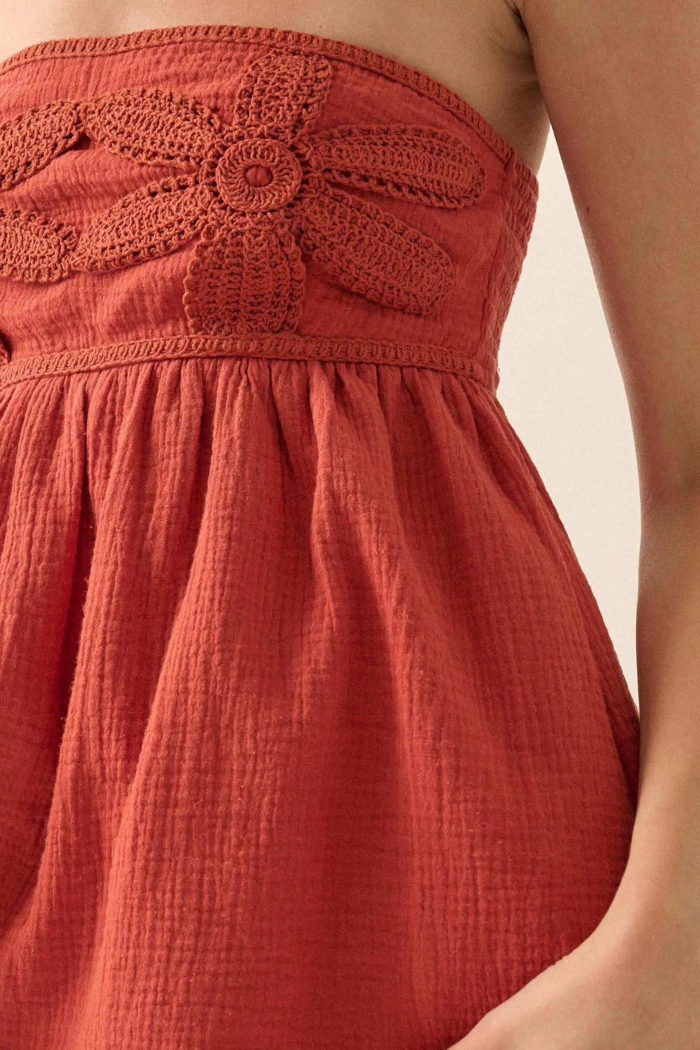 Lace Yourself Crochet-Trim Crinkle Cotton Romper