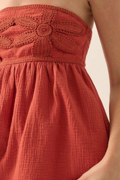 Lace Yourself Crochet-Trim Crinkle Cotton Romper