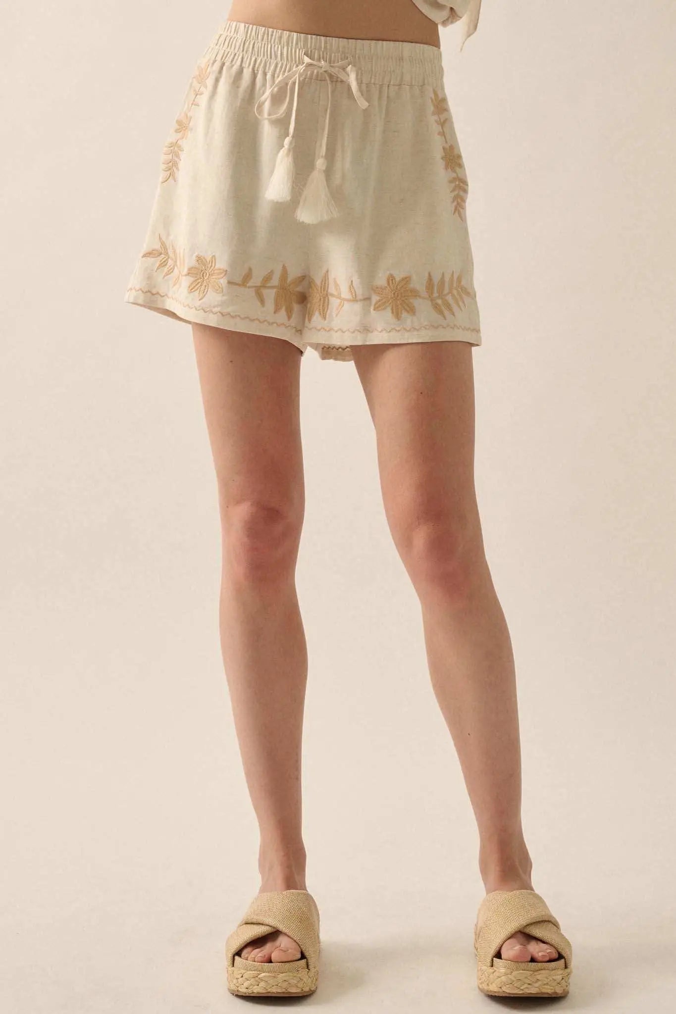 Rustic Blooms Floral Embroidered Linen-Blend Shorts