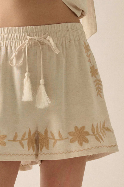 Rustic Blooms Floral Embroidered Linen-Blend Shorts
