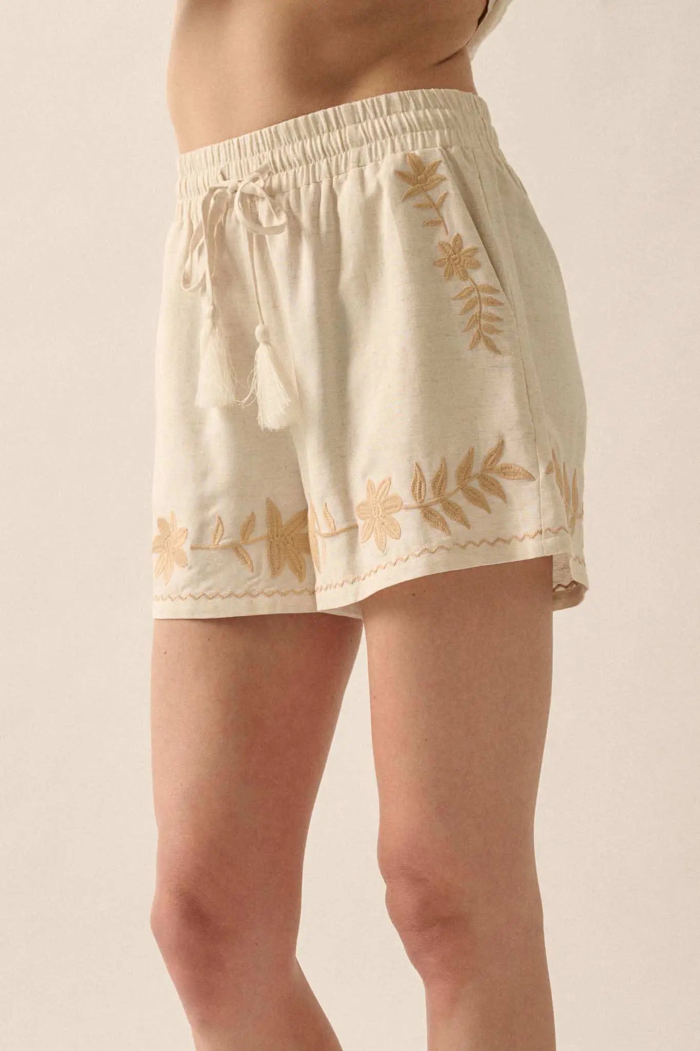 Rustic Blooms Floral Embroidered Linen-Blend Shorts