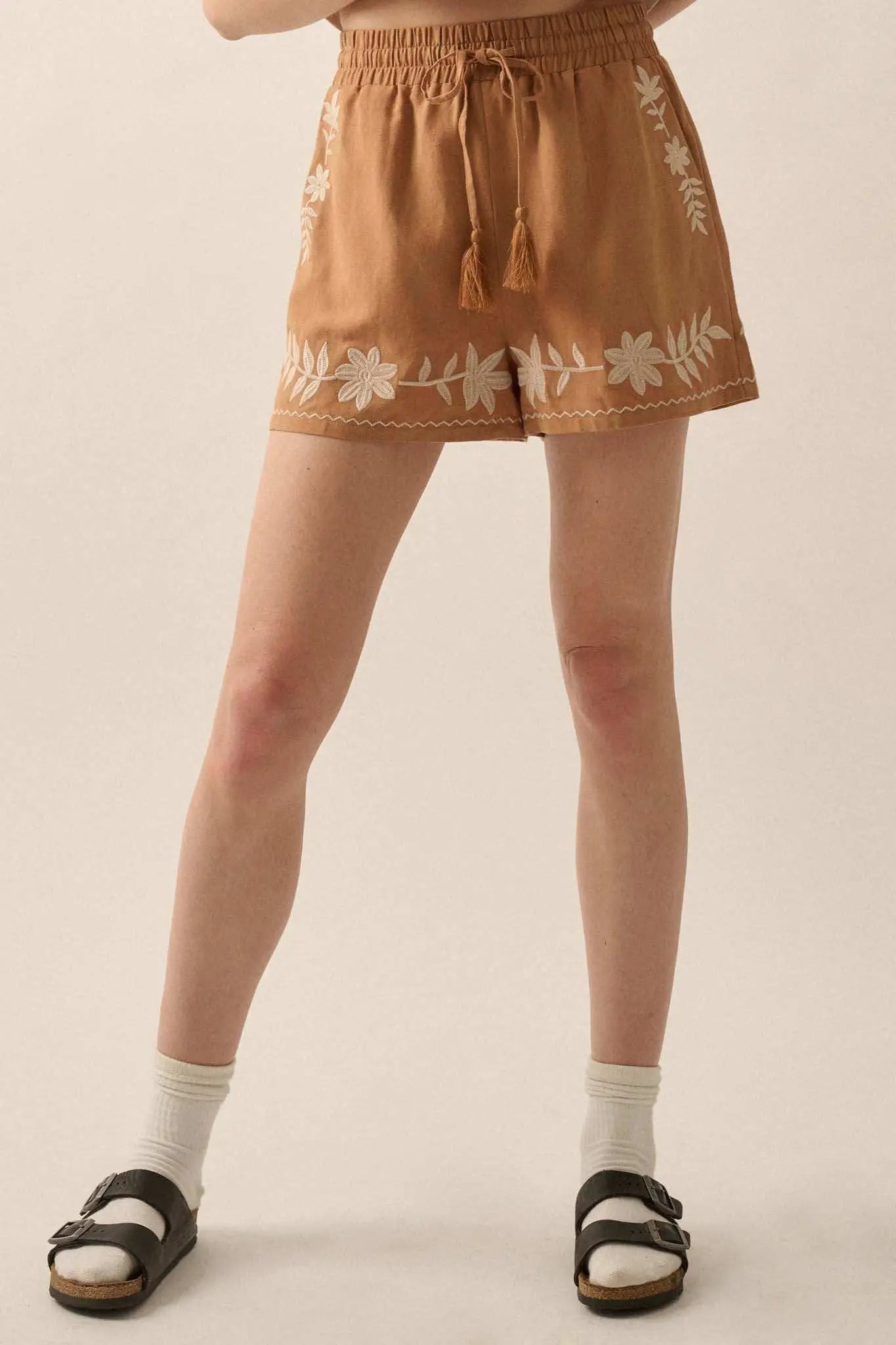 Rustic Blooms Floral Embroidered Linen-Blend Shorts