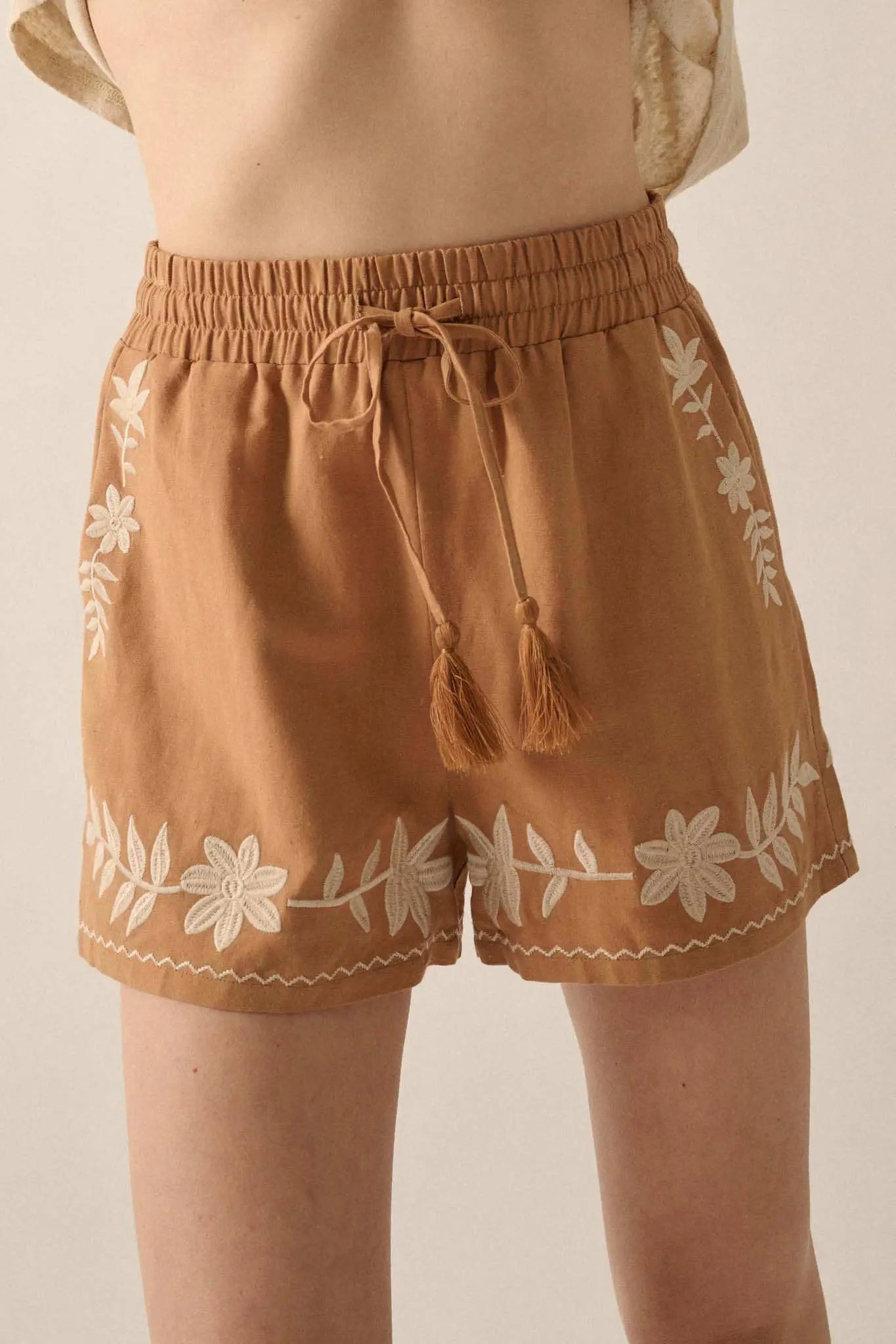 Rustic Blooms Floral Embroidered Linen-Blend Shorts