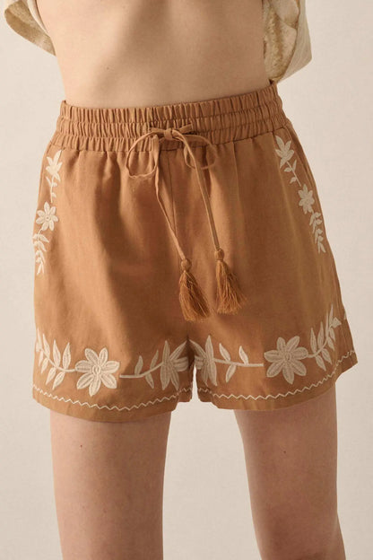 Rustic Blooms Floral Embroidered Linen-Blend Shorts