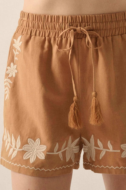 Rustic Blooms Floral Embroidered Linen-Blend Shorts