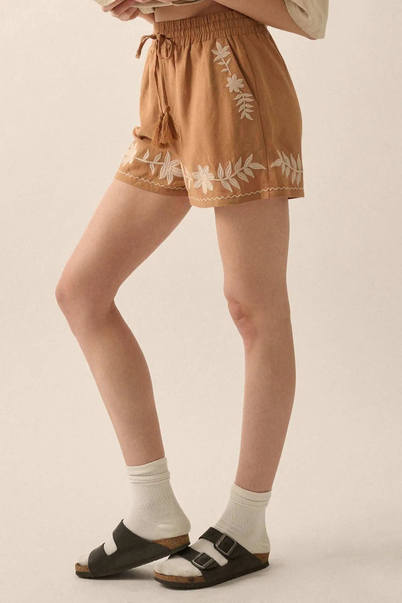 Rustic Blooms Floral Embroidered Linen-Blend Shorts