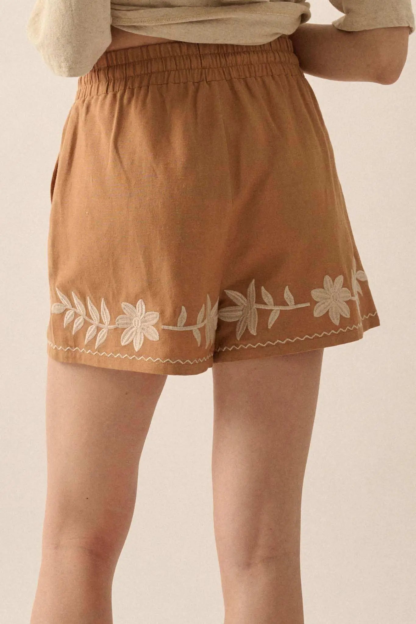 Rustic Blooms Floral Embroidered Linen-Blend Shorts