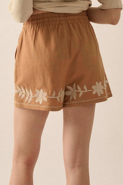 Rustic Blooms Floral Embroidered Linen-Blend Shorts