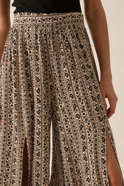 Far Beyond Floral-Stripe Split Wide-Leg Pants