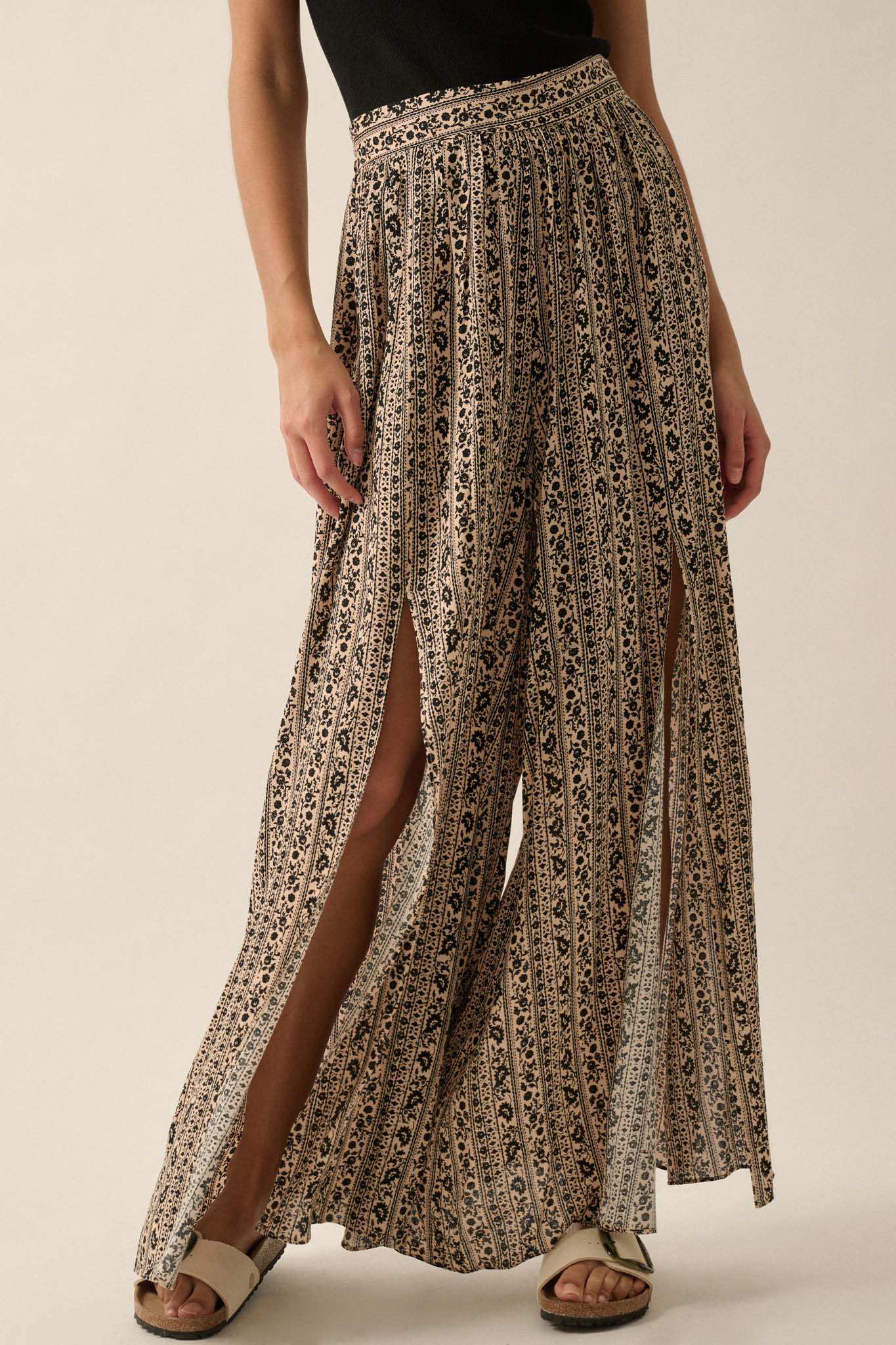 Far Beyond Floral-Stripe Split Wide-Leg Pants