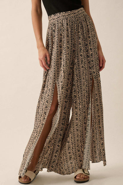 Far Beyond Floral-Stripe Split Wide-Leg Pants