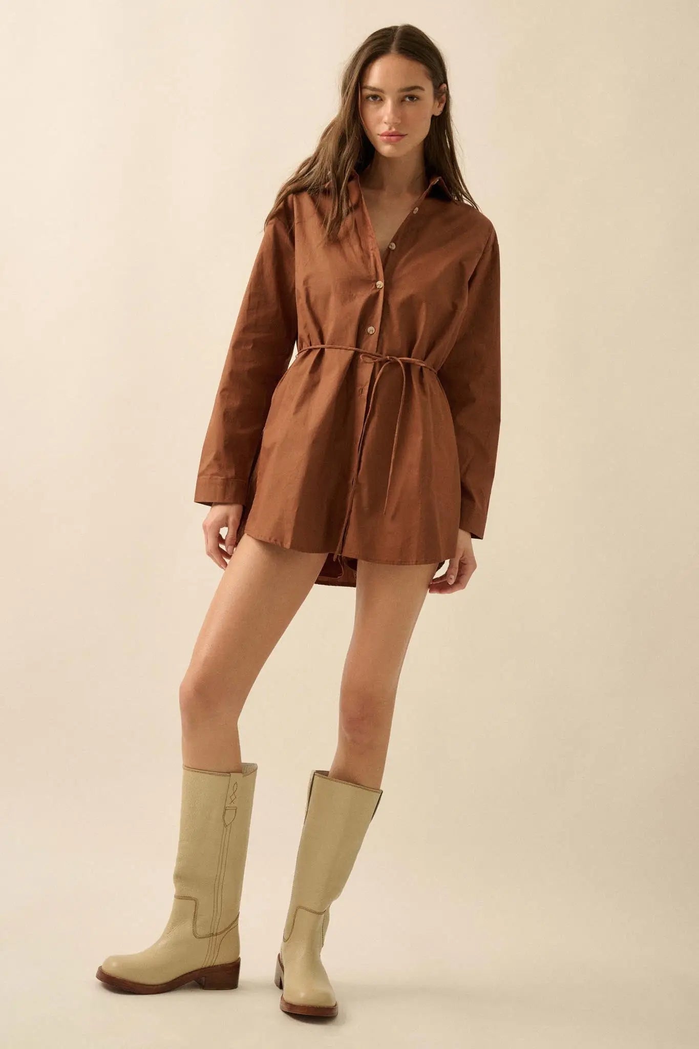 Clock Watcher Cotton Button-Up Belted Shirt Romper