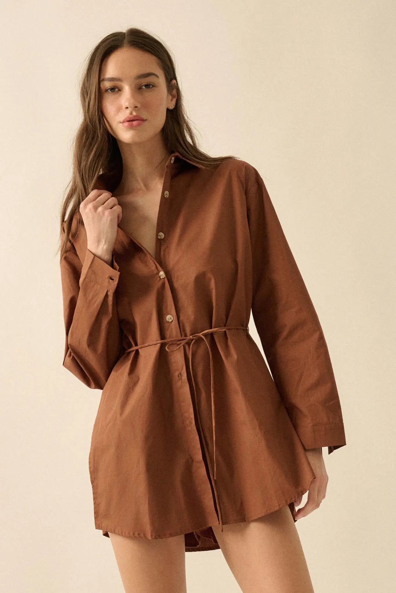 Clock Watcher Cotton Button-Up Belted Shirt Romper