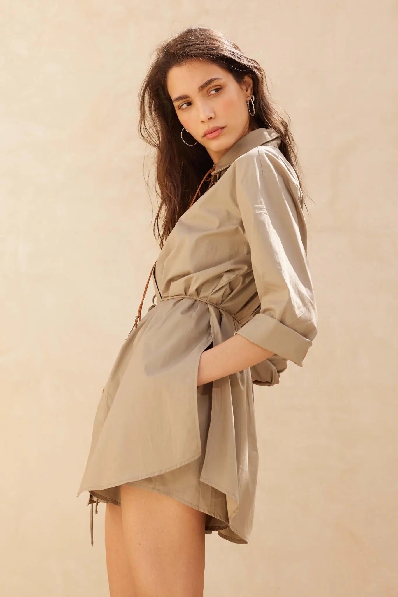 Clock Watcher Cotton Button-Up Belted Shirt Romper