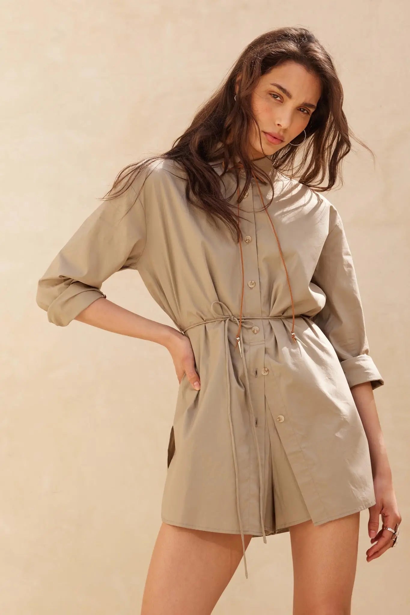Clock Watcher Cotton Button-Up Belted Shirt Romper