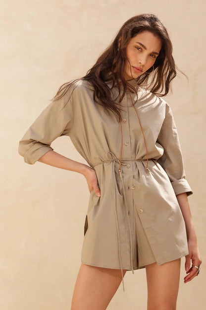 Clock Watcher Cotton Button-Up Belted Shirt Romper