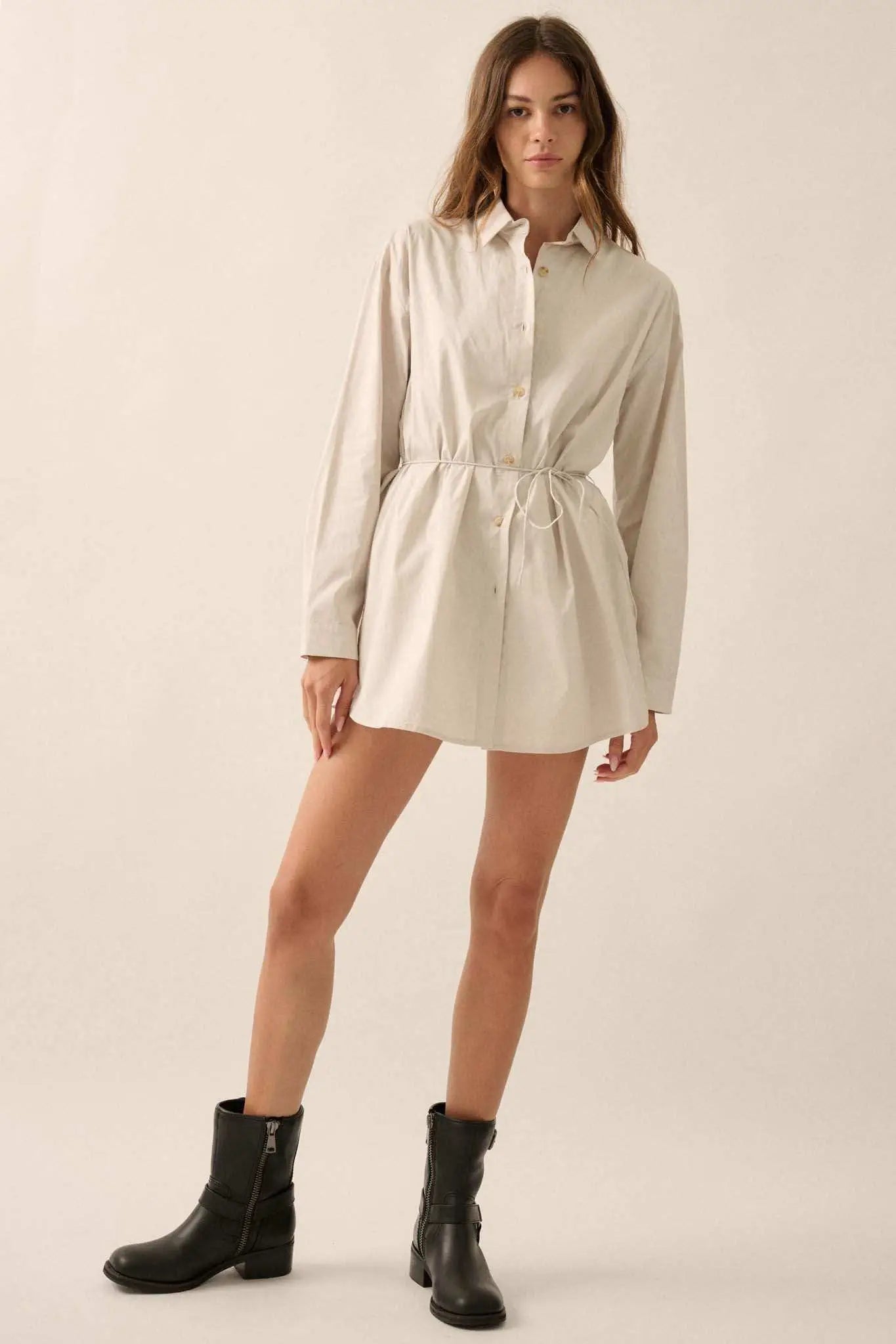 Clock Watcher Cotton Button-Up Belted Shirt Romper