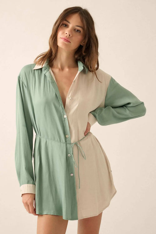 Double Shift Two-Tone Matte Satin Shirt Romper