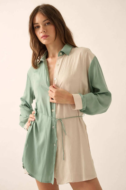 Double Shift Two-Tone Matte Satin Shirt Romper