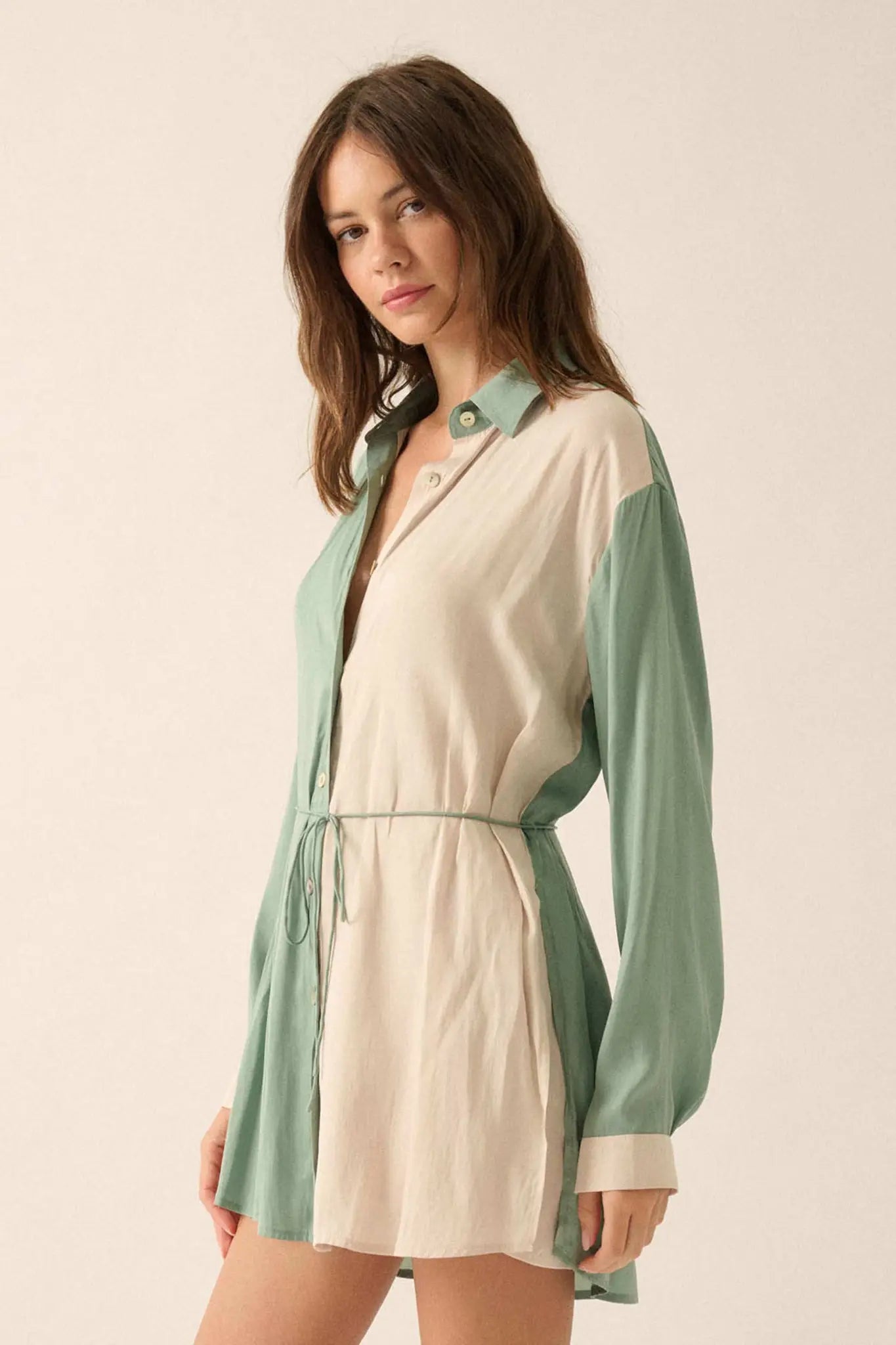 Double Shift Two-Tone Matte Satin Shirt Romper