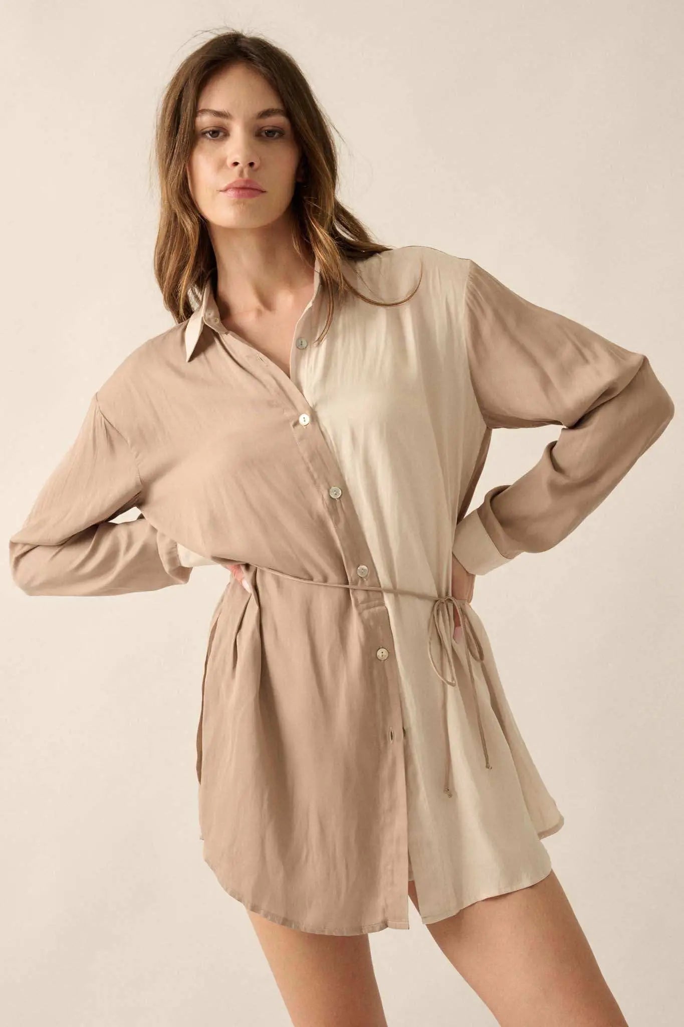 Double Shift Two-Tone Matte Satin Shirt Romper
