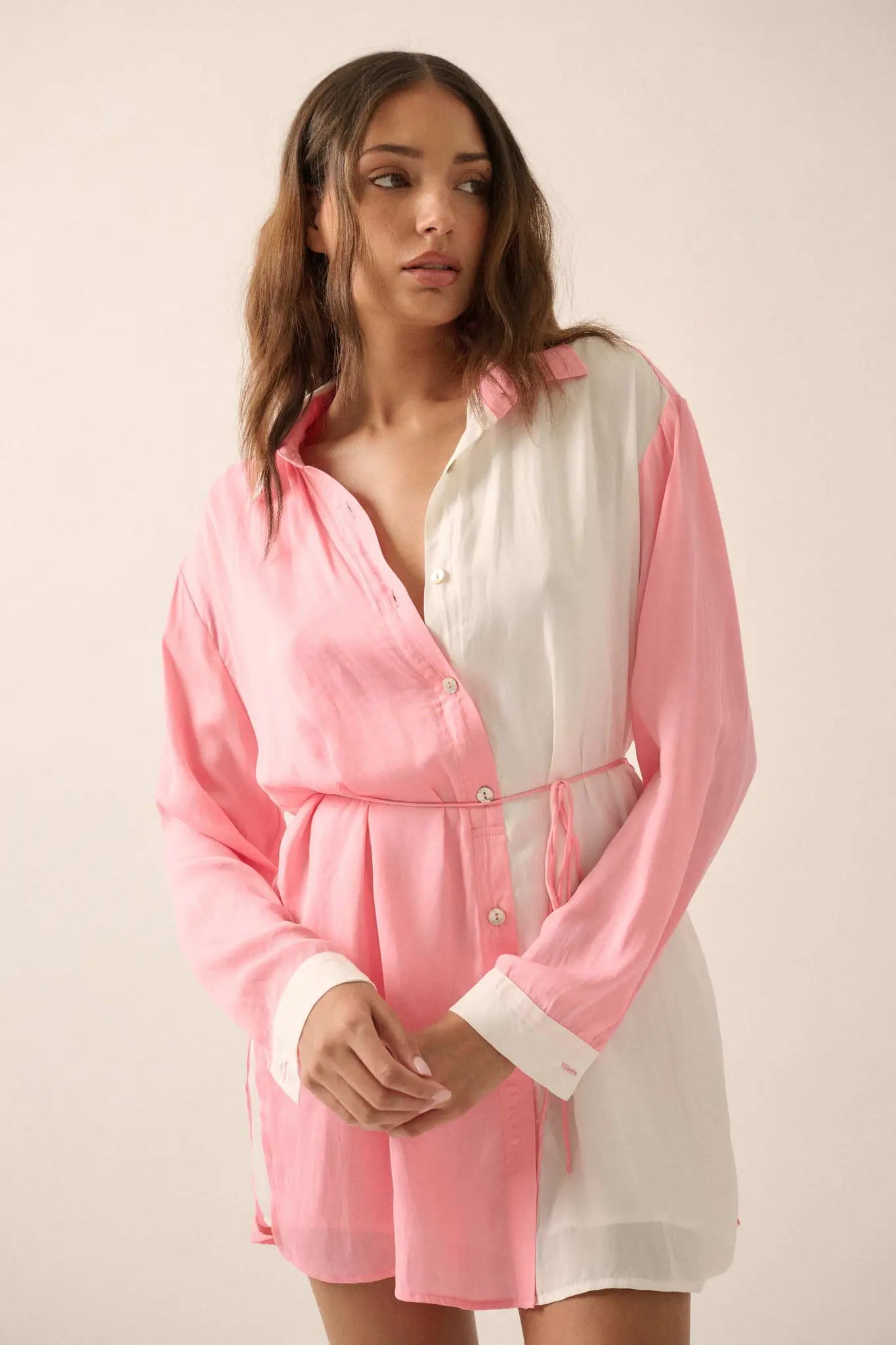 Double Shift Two-Tone Matte Satin Shirt Romper