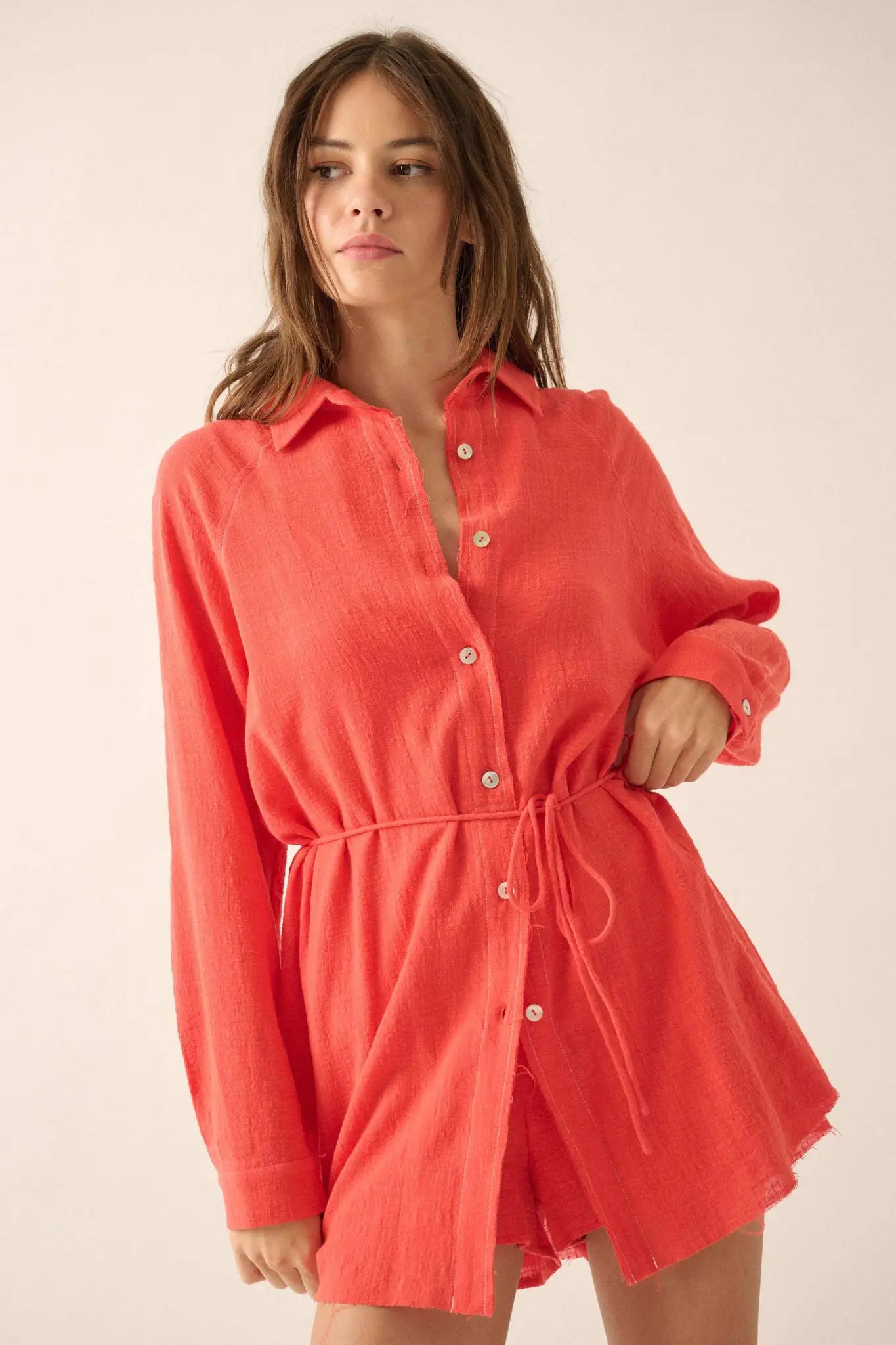Life Story Textured Cotton Belted Shirt Romper