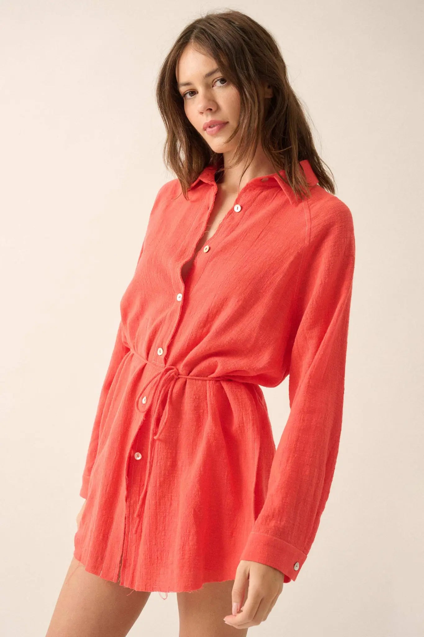 Life Story Textured Cotton Belted Shirt Romper