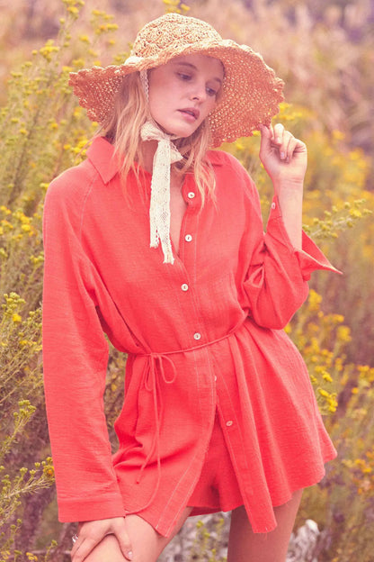 Life Story Textured Cotton Belted Shirt Romper