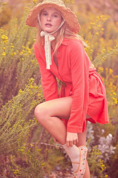 Life Story Textured Cotton Belted Shirt Romper
