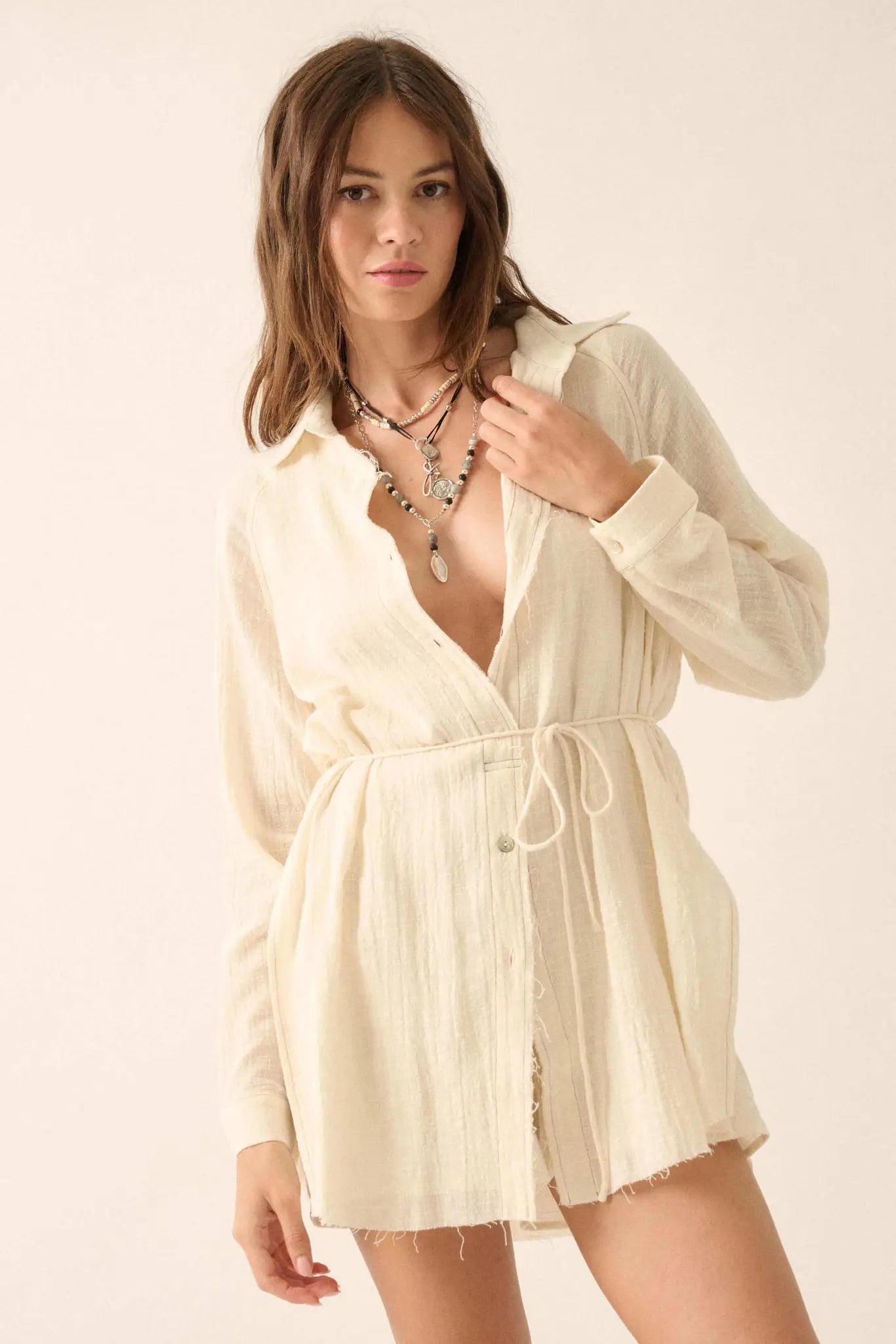 Life Story Textured Cotton Belted Shirt Romper