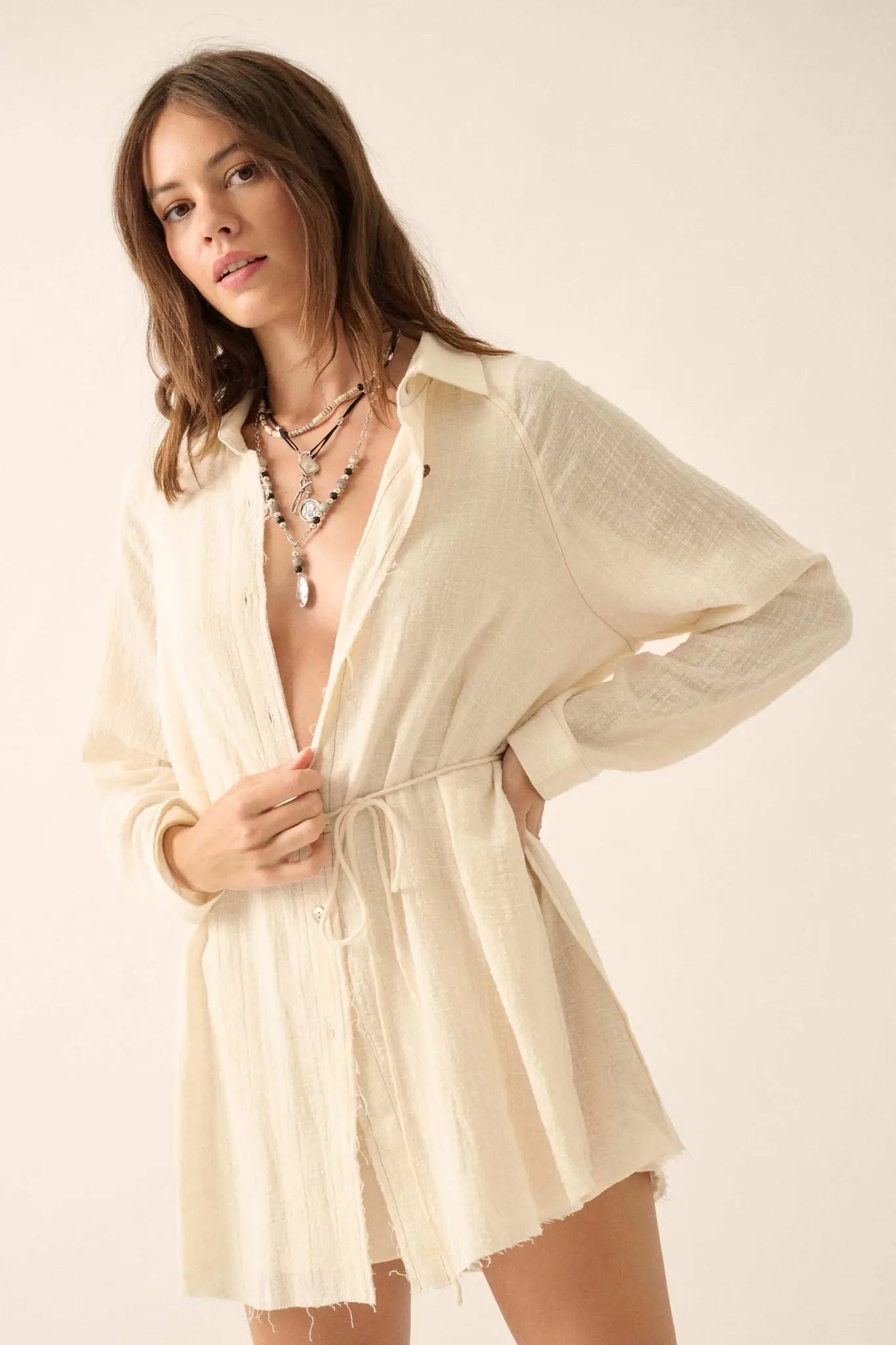 Life Story Textured Cotton Belted Shirt Romper
