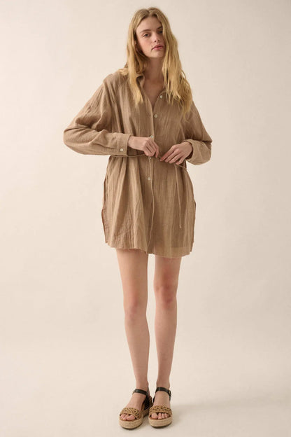 Life Story Textured Cotton Belted Shirt Romper
