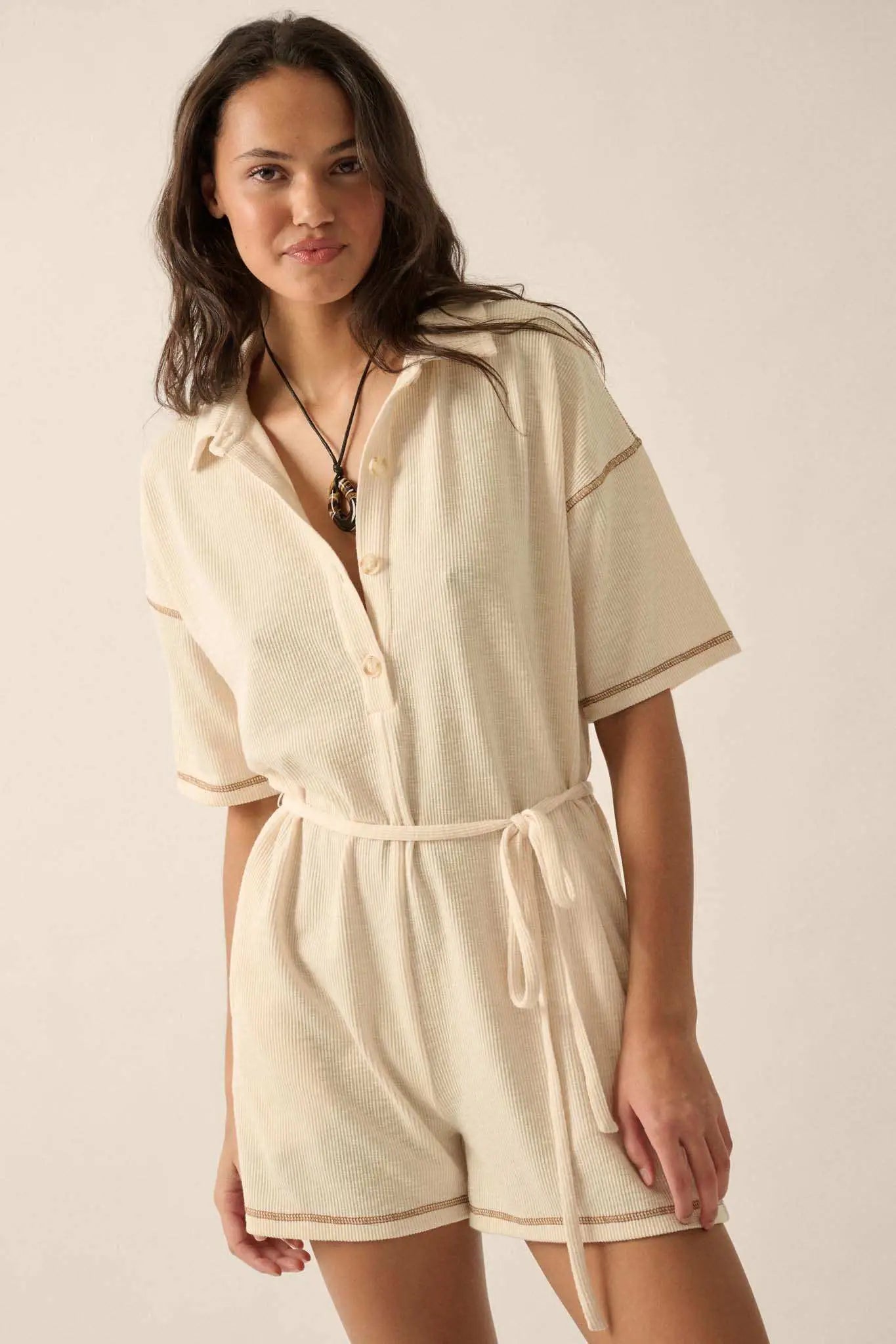 Sew It Goes Belted Rib-Knit Half-Button Romper